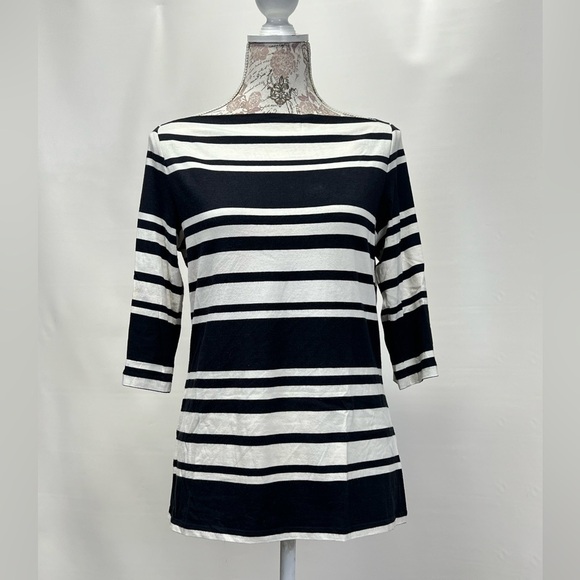 CYNTHIA ROWLEY Black and‎ Ivory striped boat neck top size L. - Picture 8 of 10
